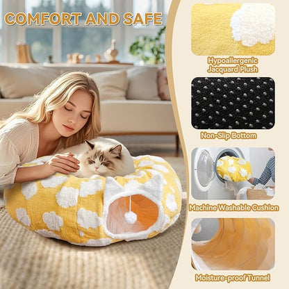 Donut Cat Tunnel Bed for Indoor Cats - 2-in-1 Kitty Playhouse with Cozy Hideout, Durable Pet Caves for Multiple Kittens, Washable Cushion and Collapsible Design