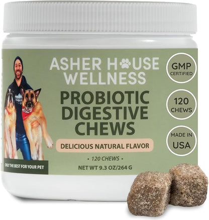 Asher House Wellness Probiotics Digestive Chew for Dogs - Dog Probiotic, Digestive Enzymes for Gut Health & Digestion - Pet Chews for Diarrhea, Upset Stomach, Allergies, Itchy Skin Relief, 120 Chews