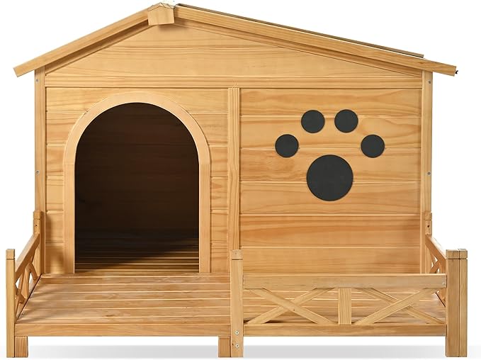 48" Wooden Dog House,Dog Kennel with Wide Porch,Water-Resistant Asphalt Roof and Fence,Indoor & Outdoor Dog Crate W/Paw Print Design,Easy Assembly & Cleaning,for Medium Dogs,Natural