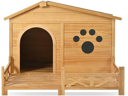 48" Wooden Dog House,Dog Kennel with Wide Porch,Water-Resistant Asphalt Roof and Fence,Indoor & Outdoor Dog Crate W/Paw Print Design,Easy Assembly & Cleaning,for Medium Dogs,Natural