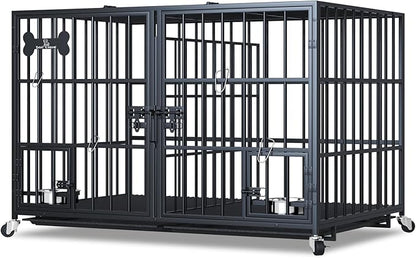 Dosker 48/42 inch XL Dog Crate for Large Dog/Double Medium Dogs,Heavy Duty Metal Dog Cages,All Metal Open Top Stackable,Dog Kennel Indoor with Wheels,Floor Grid, Tray, Divider and Feeding Bowl