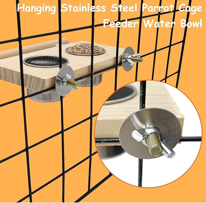 Tfwadmx Bird Feeding Dish Cups with Wooden Platform Hanging Stainless Steel Parrot Cage Feeder Bowl Wood Perch Stand for Parakeet Cockatiels Lovebirds Budgie (Small)