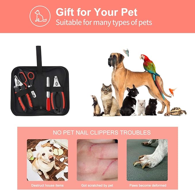 Dog Nail Clippers Trimmer Set, Quick Safety Guard to Avoid Over-Cutting, Stainless Steel Razor Sharp Blades, Sturdy Non-Slip Handles, Storage Case and Nail File, Professional Pet Grooming