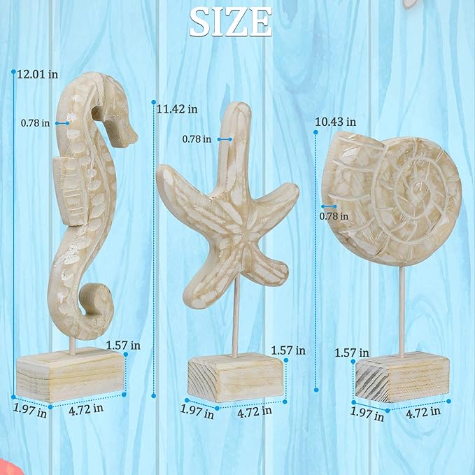 3pcs Wood Handmade Beach Nautical Style Figurines Starfish/Conch/Seahorse Statue Home Decor