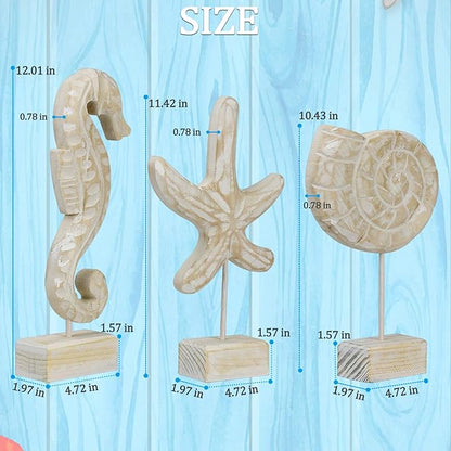 3pcs Wood Handmade Beach Nautical Style Figurines Starfish/Conch/Seahorse Statue Home Decor
