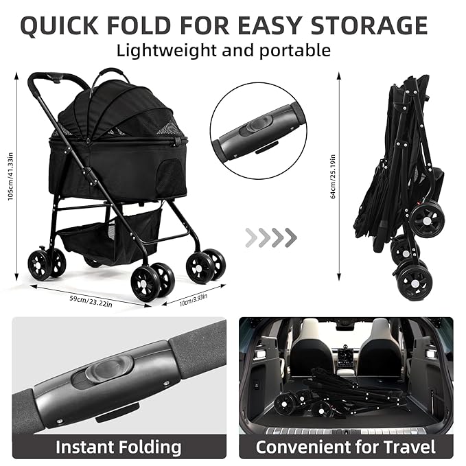 Pet Stroller 3 in 1 Folding Lightweight Dog Stroller with Detachable Carrier & Storage Basket, Premium 4 Wheels Travel Stroller for Small/Medium Pet (Black)