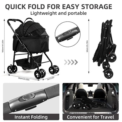 Pet Stroller 3 in 1 Folding Lightweight Dog Stroller with Detachable Carrier & Storage Basket, Premium 4 Wheels Travel Stroller for Small/Medium Pet (Black)