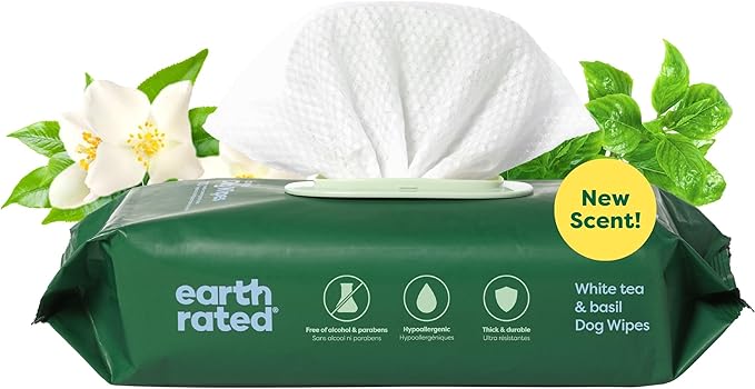 Earth Rated Pet Grooming Wipes for Dogs and Cats, Hypoallergenic, 3-in-1 Cleaning, Deodorizing and Hydrating, for Paws, Body and Butt, New White Tea and Basil Scent, 100 Count