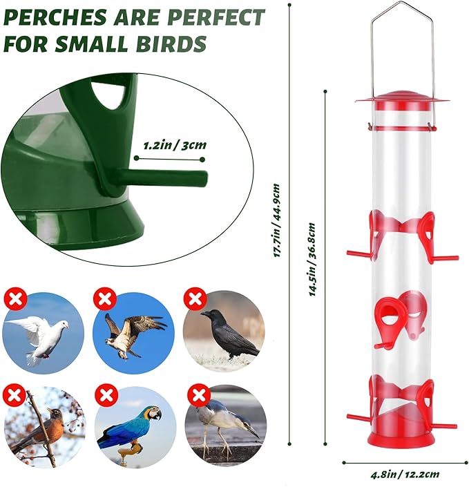 2 Packs Bird Feeder Tube Hanging Feeders, 6 Port Wild Bird Feeders Premium Hard Plastic with Steel Hanger Weatherproof and Water Resistant Great for Attracting Birds 18.2 Inches Large (Red + Green)