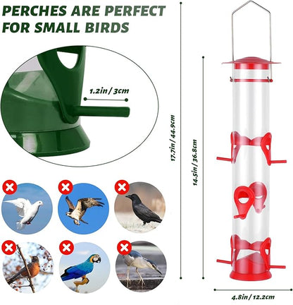 2 Packs Bird Feeder Tube Hanging Feeders, 6 Port Wild Bird Feeders Premium Hard Plastic with Steel Hanger Weatherproof and Water Resistant Great for Attracting Birds 18.2 Inches Large (Red + Green)
