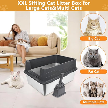 ELEGX Enclosed Pine Litter Sifting Cat Litter Box, XXXL Extra Large 28" L×20" W for Big Cats,Metal Litter Box with Screen Mesh,High Sided Enclosure,25 Pack Litter Bags & Scoop,Easy Cleaning