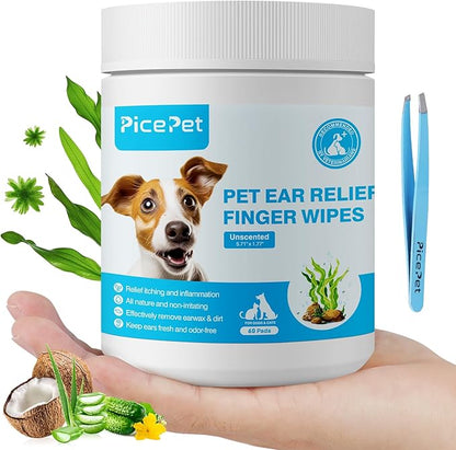 Seaweed Ear Cleaner Wipes for Dogs & Cats - Gentle Finger Wipes for Cleaning Earwax, Debris - Soothe Itching & Inflammation - Unscented, Hypoallergenic & Deodorizing - Made in PRC (60 Pcs)
