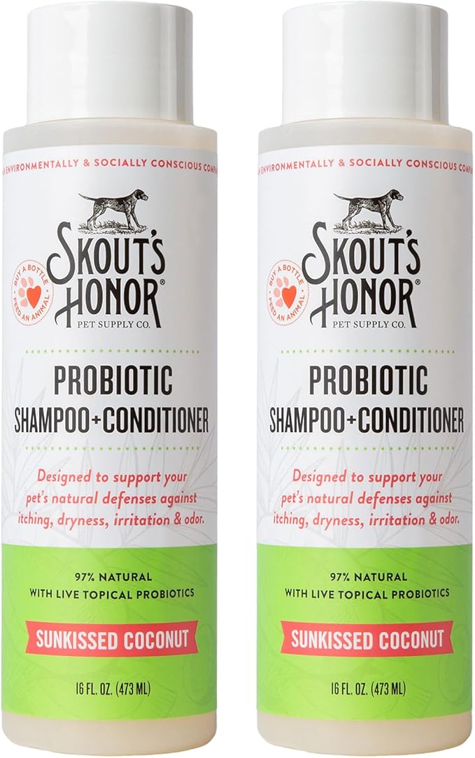 Skout's Honor Probiotic Pet Shampoo & Conditioner with Avocado Oil & Omega-3s, 97% Natural, Paraben & Sulfate-Free, Cruelty-Free, 16oz, Sunkissed Coconut, 2-Pack