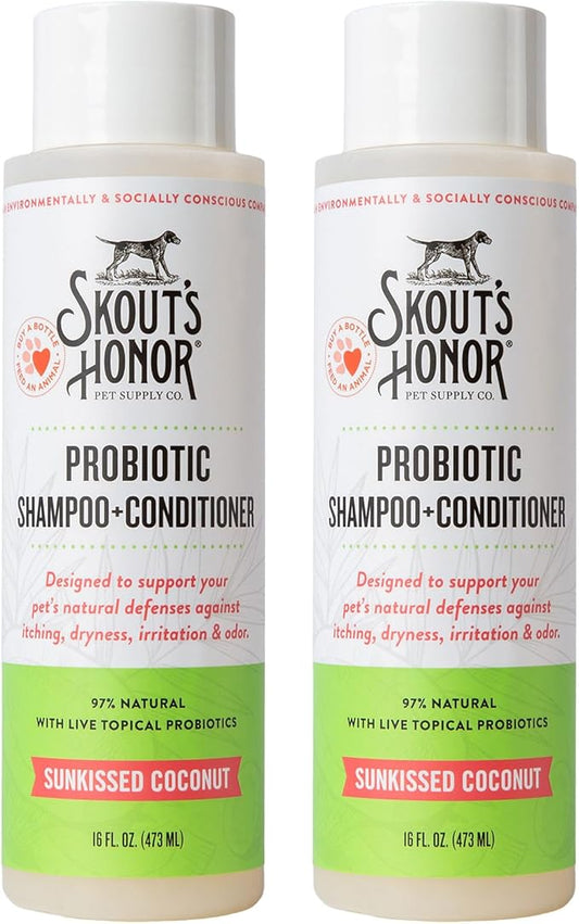 Skout's Honor Probiotic Pet Shampoo & Conditioner with Avocado Oil & Omega-3s, 97% Natural, Paraben & Sulfate-Free, Cruelty-Free, 16oz, Sunkissed Coconut, 2-Pack