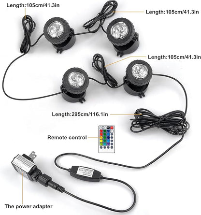 RGB Pond Lights with Timer, LED Underwater Submersible Colorful Landscape Spotlights, 98ft Remote Control IP68 Waterproof Fountain Lights for Fish Aquarium Tank Garden Yard Pool (Set of 4)