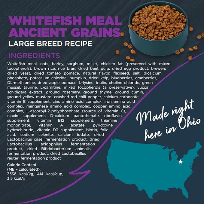 Blackwood Large Breed Dry Dog Food, Whitefish with Ancient Grains, 24 Pound Bag for Adult Dogs, Slow Cooked with Green Mussels to Promote Hip & Joint Health