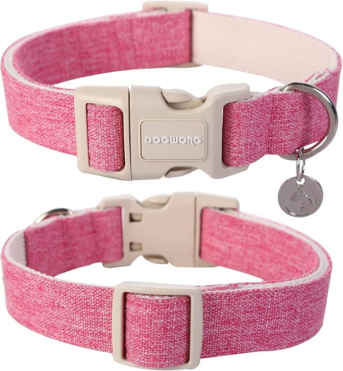 DOGWONG Cotton Hemp Dog Collar - Heavy-Duty Pink Adjustable Soft Natural Fabric Pet Collar, Cute Wedding Puppy Necklace for Small Medium Large Dogs