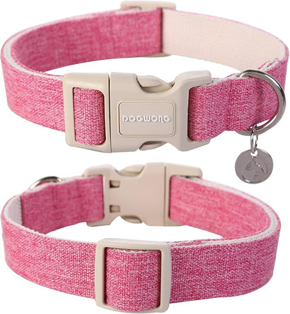 DOGWONG Cotton Hemp Dog Collar - Heavy-Duty Pink Adjustable Soft Natural Fabric Pet Collar, Cute Wedding Puppy Necklace for Small Medium Large Dogs