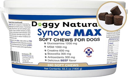 Synove Max Soft Chews for Dogs (240 Count) Beef Flavor, Joint Supplement, Glucosamine, Turmeric, Boswelllia serrata, Creatine Naturally Derived Ingredients better than synovi g4 soft chew