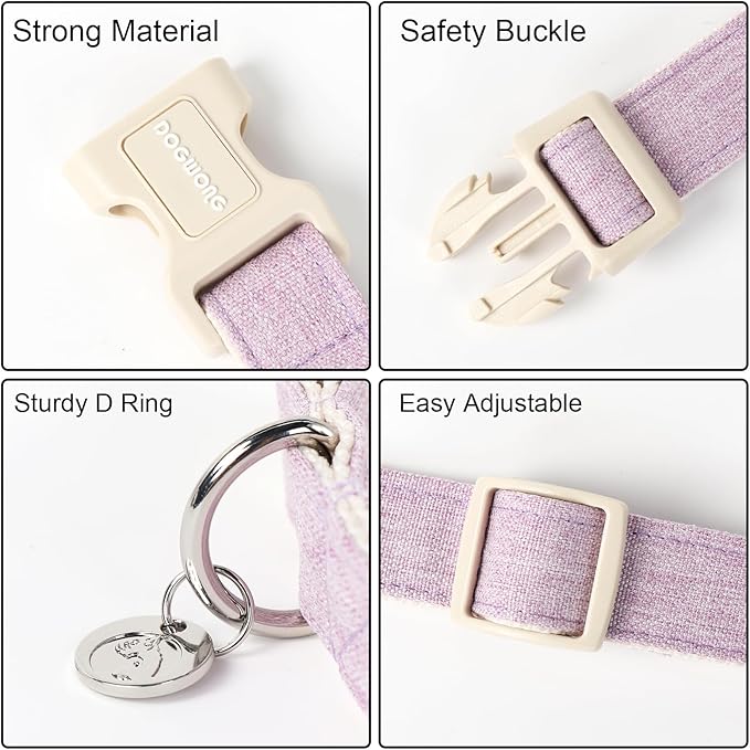 DOGWONG Cotton Hemp Dog Collar, Heavy-Duty Purple Dog Collar Adjustable Soft Natural Fabric Pet Dog Collar Cute Wedding Puppy Necklace for Small Medium Large Dog