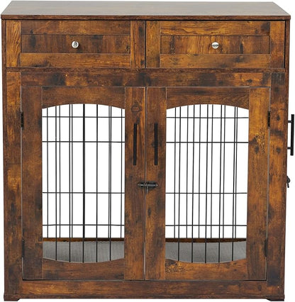 GAOMON Dog Crate Furniture with Cushion,Wooden Dog Kennels Indoor with 2 Drawers,Dog Furniture Crate End Table with Storage
