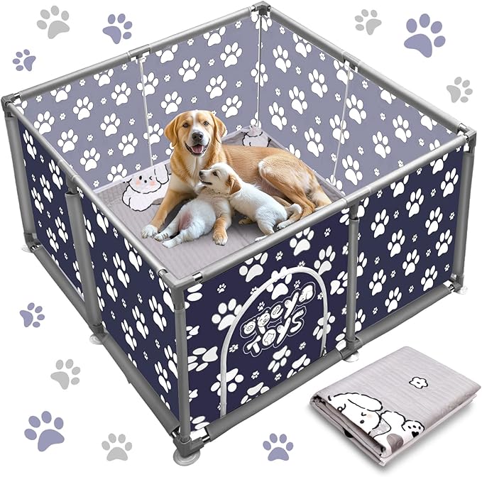 2025 Upgraded Whelping Box for Dogs,24.8’’Extra Tall Dog Whelping Pen with Whelping Pad,Dog Whelping Supplies for Large Small Breed Dogs(47" Dia.x24.8 H) (Dark Blue)