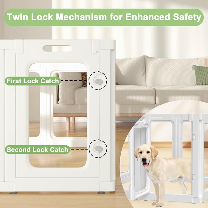 Acrylic Small Dog Playpen with Door, Clear Pet Play Pen Indoor, Easy Assemble Puppy Fence for Kitten Rabbit Small Animals, Plastic Bunny Kennel Cage Play Yard Portable Outdoor, White 8PCS
