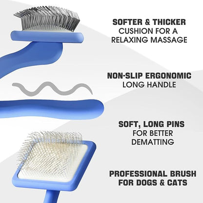 Dog slicker Brush for Dogs Grooming Kit 4PCS | Large Dog Brush for Goldendoodles Poodles Doodles | Long Pin Haired Brush | Dog Bath Brushes Flea Comb(Blue)
