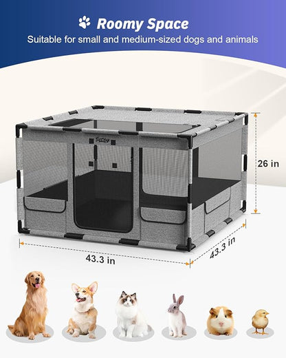 Dog Playpen, 43x43x26 Inches Puppy Playpen Portable Pet Play Pen Indoors with Cover and Gate, Tear Resistant Thickened Fabric Waterproof Bottom Breathable Mesh Dog Fence for Indoor&Outdoor, Gray Black