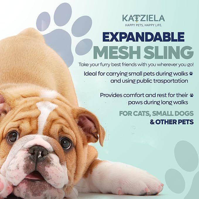 Expandable Pet Carrier Sling Bag - Small Dog, Puppy and Cat Carrier Front Shoulder Backpack w/Harness Strap - Carrying Pouch for ESA, Animal Travel - PU Leather Bottom, Mesh Pocket by Katziela (Blue)