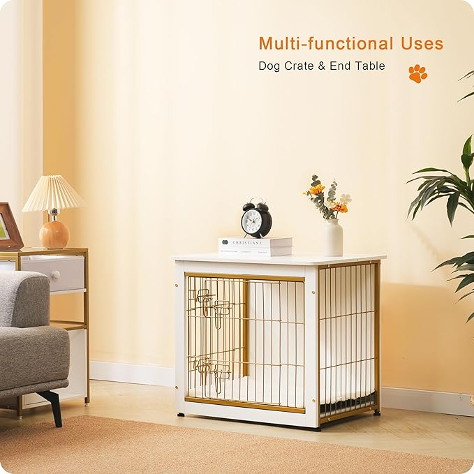 DWANTON Dog Crate Furniture with Cushion, Wooden Dog Crate with Double Doors, Dog Furniture, Dog Kennel Indoor for Small/Medium/Large Dogï¼_nd Table, Small, 27.2" L, White