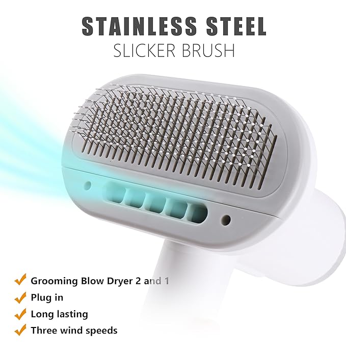 2-in-1 Dog Hair Dryer and Brush - Low Noise Operation, Overheating Protection, 3 Temperature & Airflow Settings, Self-Cleaning Button - Ideal Dog Brush for Short Haired Dogs (White Grey)