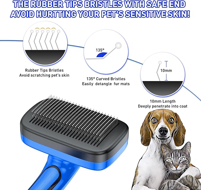 Dogs Cats Self Cleaning Slicker Brush for Shedding & Grooming Any Breed of Pets, Removes Loose, Undercoat, Mats, Tangled Hair for Small Medium Large Animal With Long Short Fur Length, Blue