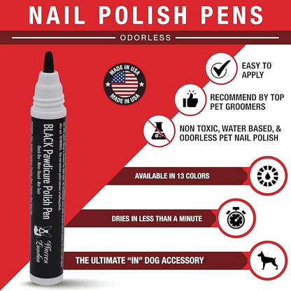 Warren London Pawdicure Dog Nail Polish Pens | Made in USA | Quick Dry, Low Odor, Non-Toxic Dog Accessories | Ideal for Dog Birthday, Dog Costume | 13 Colors | Black