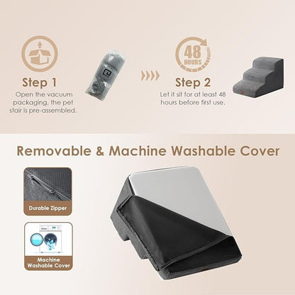 EHEYCIGA Curved Dog Stairs Ramp for Small Dogs 15.7" H, 3-Step Dog Steps for Couch Sofa and Chair, Pet Stairs for Cats, Non-Slip Balanced Pet Steps Indoor, Grey