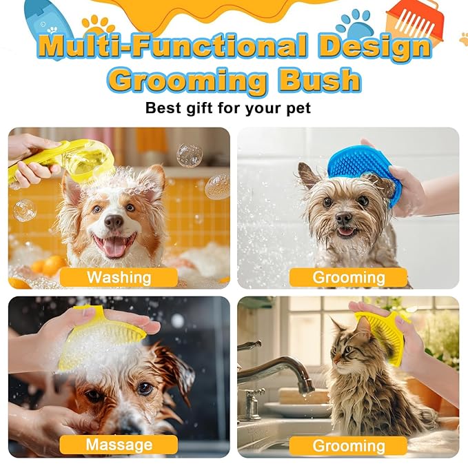 3Pcs Dog Bath Brush, Dog Scrubber for Bath, Dog Shampoo Brush Bubble Maker, Dog Paw Washer, dog grooming Massage Brush with Adjustable Ring Handle, dog accessories for Short & Long Hair -Yellow
