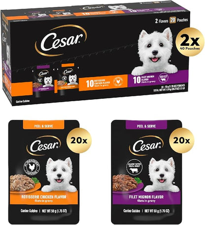 Cesar Filets in Gravy Wet Dog Food Filet Mignon Flavor and Rotisserie Chicken Flavor Variety Pack, 1.76 oz. Mini-Pouches, 20 Pack (Pack of 2)