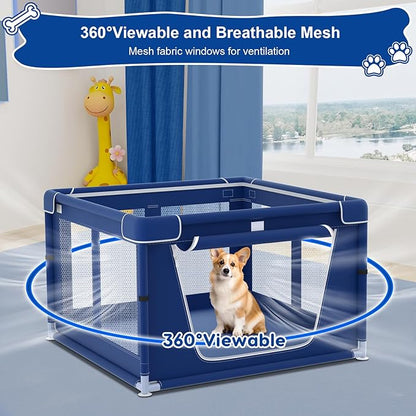 42x42x26 Inches Puppy Playpen with Gate, Small Dog & Puppy Playpen for Indoor & Outdoor, Sturdy Safety Dog Crate with Durable Mesh Windows, Blue