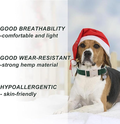 DOGWONG Cotton Hemp Dog Collar, Heavy-Duty Adjustable Soft Natural Fabric Pet Collar - Christmas Green, Cute Holiday Puppy Necklace for Small to Large Dogs