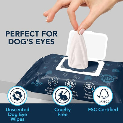 NOVEHA Dog Eye Wipes - Plant-Based Eye Wipes for Dogs - Formulated to Remove Eye Debris, Tear Stains & Eye Discharge - Safe, Convenient, and Large Unscented Wipes (100 Counts, Single Packaging)