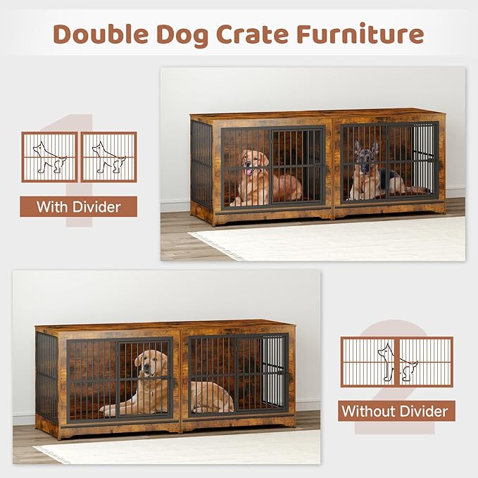 86 Inch Double Dog Crate Furniture with Divider, Large Dog Kennel Furniture for 2 Dogs with 4 Combination Forms, Brown Corner Dog Crate for Small Medium Large Dogs