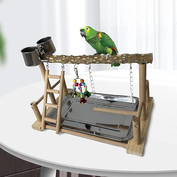 PINVNBY Bird Playground Birdcage Playstand Pet Bird Perch Platform Stand Parrot Play Gym Parakeet Cage Decor Budgie Perch Stand with Feeder Seed Cups Ladder Chew Toys for Small Animals Parrot Parakeet