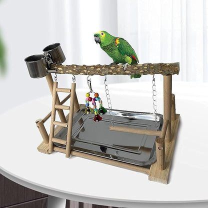 PINVNBY Bird Playground Birdcage Playstand Pet Bird Perch Platform Stand Parrot Play Gym Parakeet Cage Decor Budgie Perch Stand with Feeder Seed Cups Ladder Chew Toys for Small Animals Parrot Parakeet