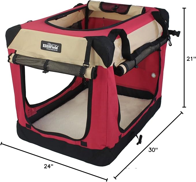 EliteField 4-Door Folding Soft Dog Crate with Curtains, Carrying Bag and Fleece Bed (2 Year Warranty), Indoor & Outdoor Pet Home (30" L x 21" W x 24" H, Red+Beige)