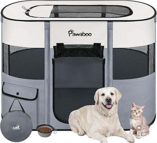 Dog Playpen, Portable Pet Playpen Cat PlayPen, 600D Oxford Dog Kennel Tent Crate, Waterproof&Breathable, Indoor Outdoor Travel Camping Use for Medium/Large Breed with Carrying Case+Folding Bowl,L,Gray