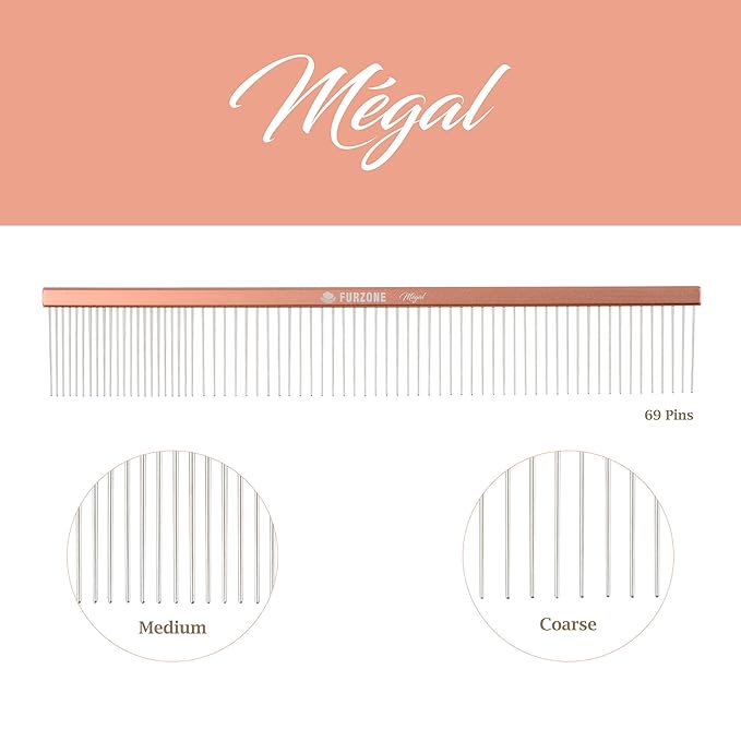 2-in-1 Megal Greyhound Comb for Dogs (Medium/Coarse), 69 Stainless Steel Pins Dog Comb, Aluminum 24.5cm Handle,Lightweight,Gently Remove Dogs Head/Body Fur, Professional Grooming Accessories