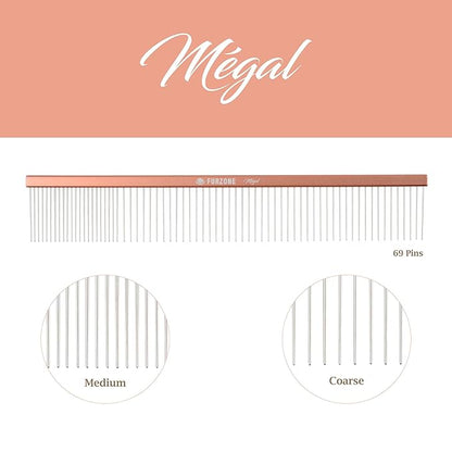 2-in-1 Megal Greyhound Comb for Dogs (Medium/Coarse), 69 Stainless Steel Pins Dog Comb, Aluminum 24.5cm Handle,Lightweight,Gently Remove Dogs Head/Body Fur, Professional Grooming Accessories