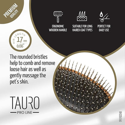 TAURO PRO LINE Wooden Dog Brush for Detangle Long and Short Hair, Wooden Soft Massage Brush for Grooming Haired Dogs and Cats, Flexible Cushion and Non-Slip Grip, Oval, 9,45 x 3,54 inch, Brown