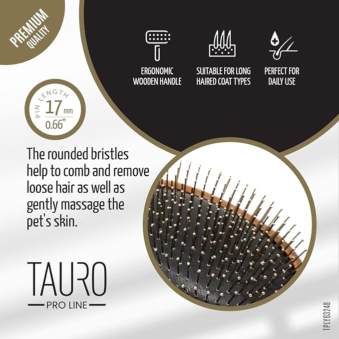 Tauro Pro Line Wooden Dog Brush for Long & Short Hair - Deshedding & Detangling Brown Massage Brush for Dog & Cat Grooming - Oblong Flexible Cushion & Lightweight, Ideal for All Coat Types