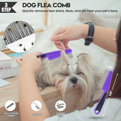Dog Slicker Brush for Dogs Grooming Kit 4PCS | Large Dog Brush for Goldendoodles Poodles Doodles | Long Pin Haired Brush | Dog Bath Brushes Flea Comb(Purple)